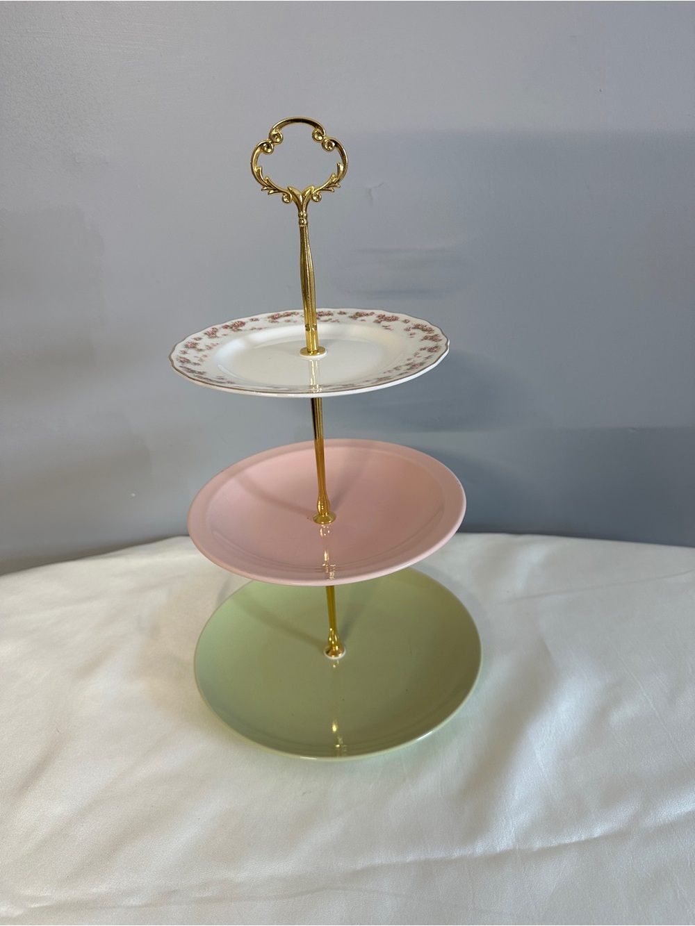 Three-Tier Dessert Stand in Pink, Green & White with Gold Accents
